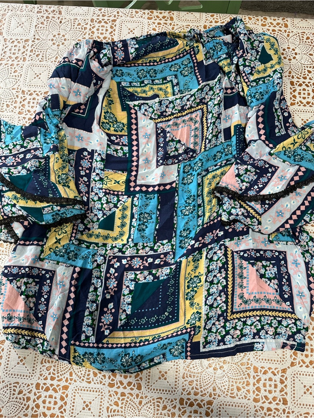 Highness Women’s XL Patchwork Floral Boho Tunic Top Bell Sleeve Cottagecore